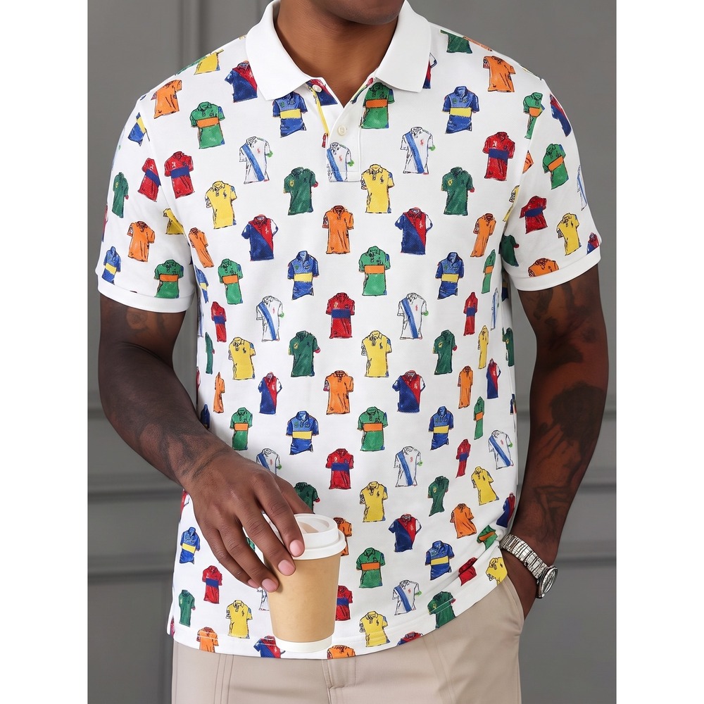 Polo Ralph Lauren Polo Shirt Mens XL White Multi All Over Print Novelty Classic
